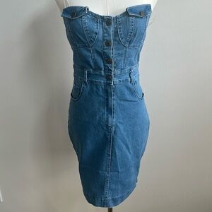 Y2K Haute Monde Women’s Strapless Blue Denim Mini Form Fitting Button Up Dress L